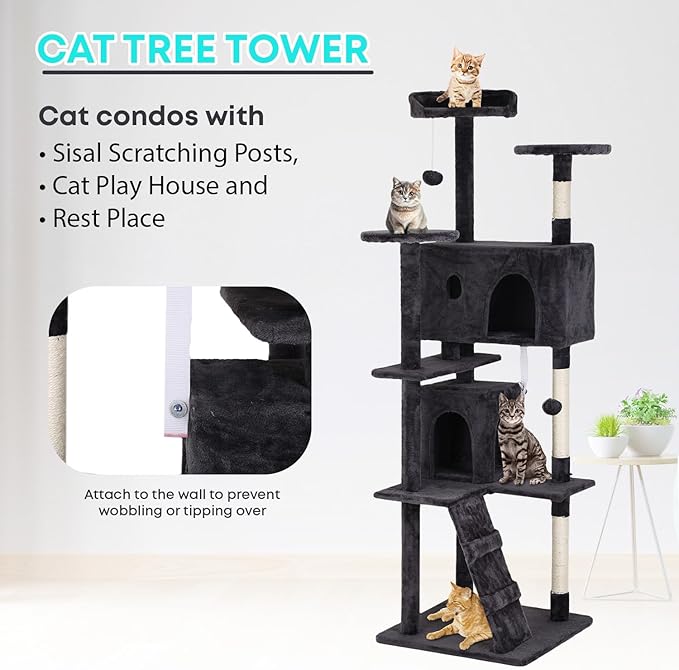FDW Cat Tree 70in Cat Tower Multi-Level Durable Cat Scratching Post & Cozy Fun Cat Jumping Platform Space Saving Cat Condo Pet Play House for Indoor Cats,Dark Gray-PurrikoPets