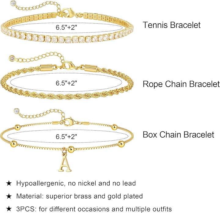 Valentines Day Gifts for Her Kids - Dainty Gold Bracelets for Women Personalized Gold/Silver Initial Bracelet Stack Stackable Rope Box Chain Tennis Bracelets for Girls Jewelry Set