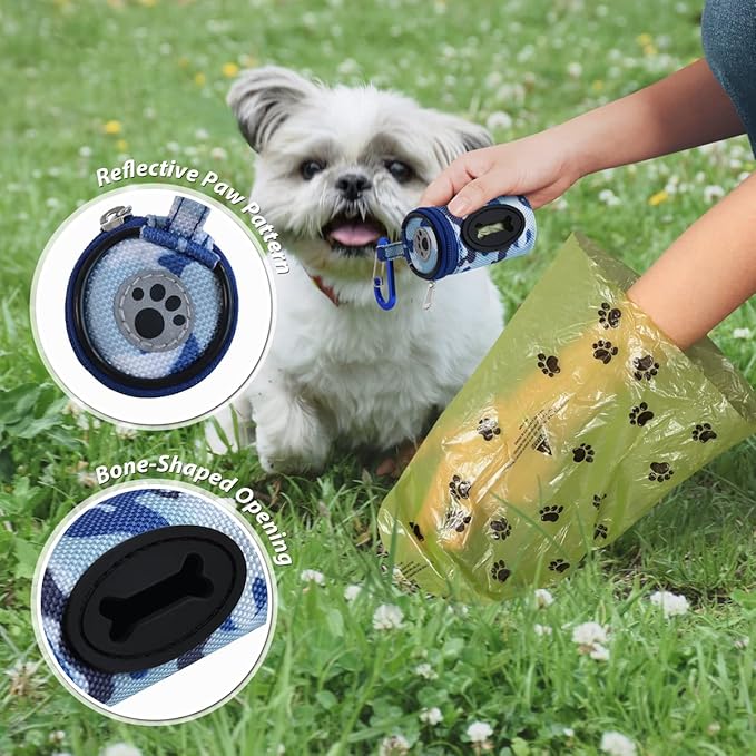 Dog Poop Bag Holder for Leash Doggie Waste Bag Dispenser Puppy Potty Carrier Small Doggy Zipper Pouch with Carabiner Clip 1680D Nylon Oxford with 1 Roll of Pet Trash Bags, Sky Blue Camo-PurrikoPets