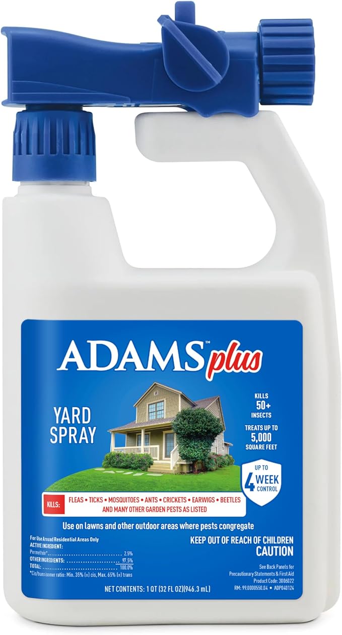 Adams Plus Yard Spray ; Kills Mosquitoes, Fleas, Ticks, Ants, And Many Other Listed Nuisance Pests in Outdoor Areas ; Treats Up to 5,000 Square Feet ; Easy To Use Hose-End Spray ; 32 Fl Oz-PurrikoPets