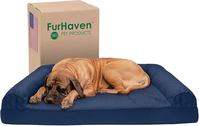 Furhaven Cooling Gel Dog Bed for Large Dogs w/ Removable Bolsters & Washable Cover, For Dogs Up to 125 lbs - Quilted Sofa - Navy (Blue), Jumbo Plus/XXL-PurrikoPets