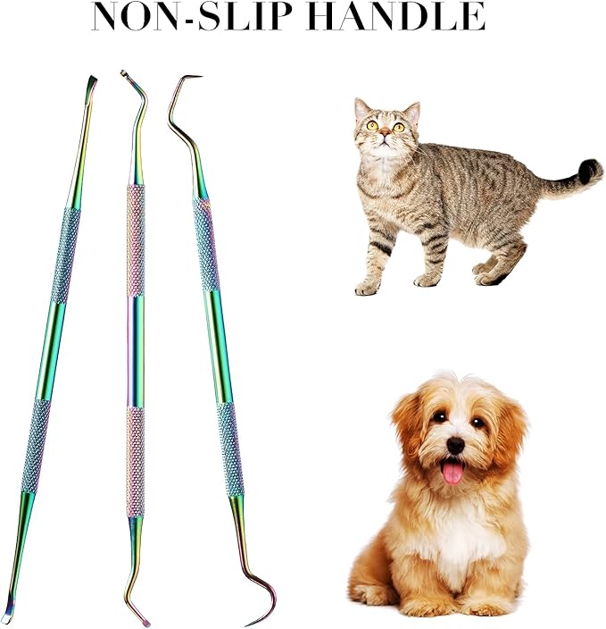 3 Pieces Dog Dental Tooth Scaler and Scraper Stainless Double Headed Tarter Removing Tool Scraper Pet Teeth Cleaning Tools for Dog and Cat (Rainbow Color)-PurrikoPets