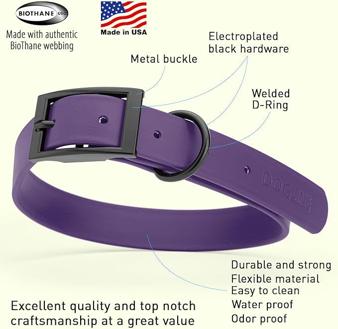 Dogline Biothane Waterproof Dog Collar Strong Coated Nylon Webbing with Black Hardware Odor- Proof for Easy Care Easy to Clean High Performance Fits Small Medium or Large Dogs, Violet Purple-PurrikoPets