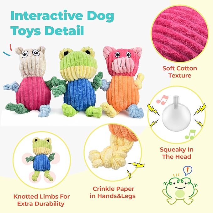 3pcs Dog Squeaky Toys, Plush Stuffed Puppy Chew Toy for Extended Play, Interactive Toys Great Gifts for Small Medium Large Chewer Dogs, Pet Toy Bulk to Keep Them Busy(Forg&Hippo&Pig)-PurrikoPets