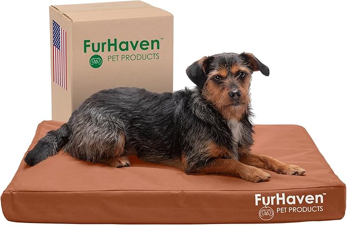 Furhaven Water-Resistant Cooling Gel Dog Bed for Medium/Small Dogs w/ Removable Washable Cover, For Dogs Up to 35 lbs - Indoor/Outdoor Logo Print Oxford Polycanvas Mattress - Chestnut, Medium-PurrikoPets