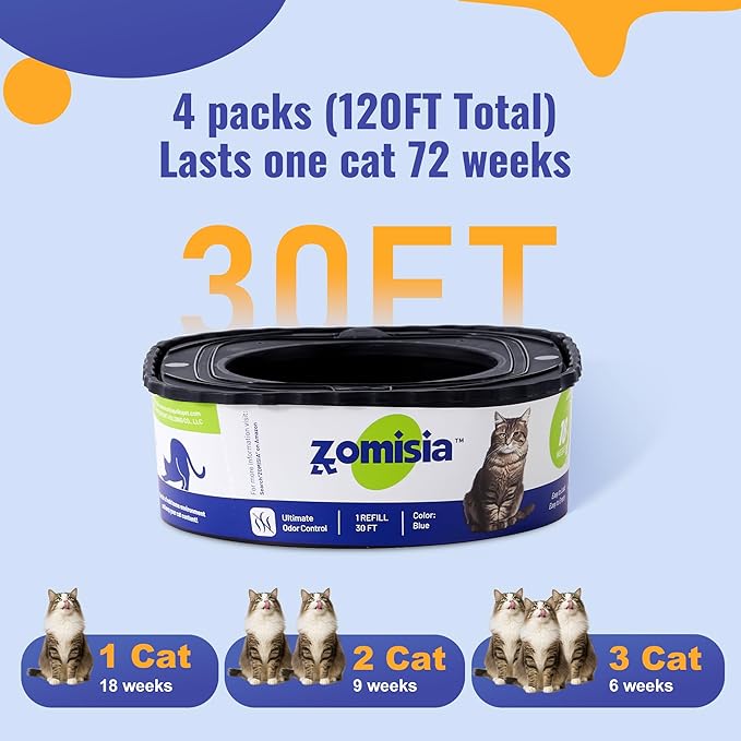 4 Pack Cat Litter Refill Bags, Non-See-Through Jumbo 120FT Cartridge Refill Total Up to Over 16 Months Per Cat for Odor Control, Compatible with Genie Standard, Plus, Style-PurrikoPets
