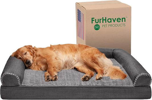 Furhaven Orthopedic Dog Bed for Large Dogs w/ Removable Bolsters & Washable Cover, For Dogs Up to 95 lbs - Luxe Faux Fur & Performance Linen Sofa - Charcoal, Jumbo/XL-PurrikoPets