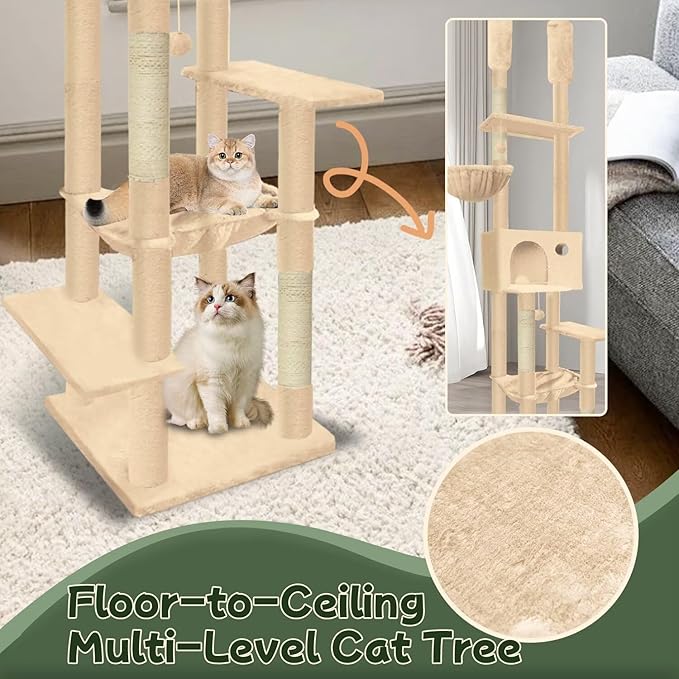 96.5"-108" Cat Tree Floor to Ceiling 7-Tier Cat Tower Adjustable Height with Scratching Posts, Cozy Hammock, Cat Condo for Indoor Cats(Beige)-PurrikoPets