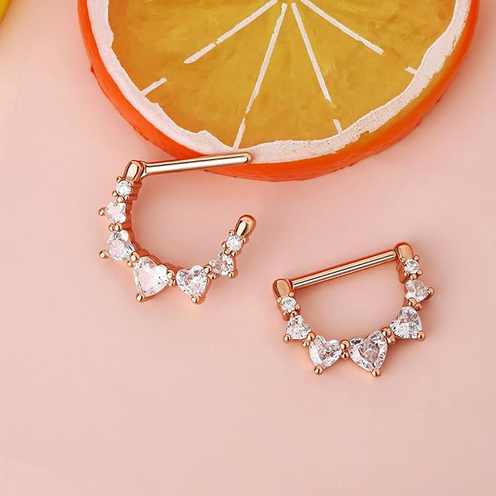 Melighting 2pcs 14G Nipple Rings Surgial Steel 316L Piercing Jewelry Shiny Heart Clear CZ Nipple Bars Rose Gold 14mm