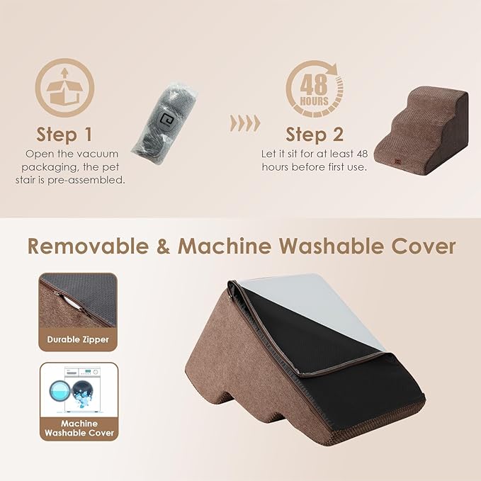 EHEYCIGA Curved Dog Stairs Ramp for Small Dogs 15.7" H, 3-Step Dog Steps for Couch Sofa and Chair, Pet Stairs for Cats, Non-Slip Balanced Pet Steps Indoor, Brown-PurrikoPets