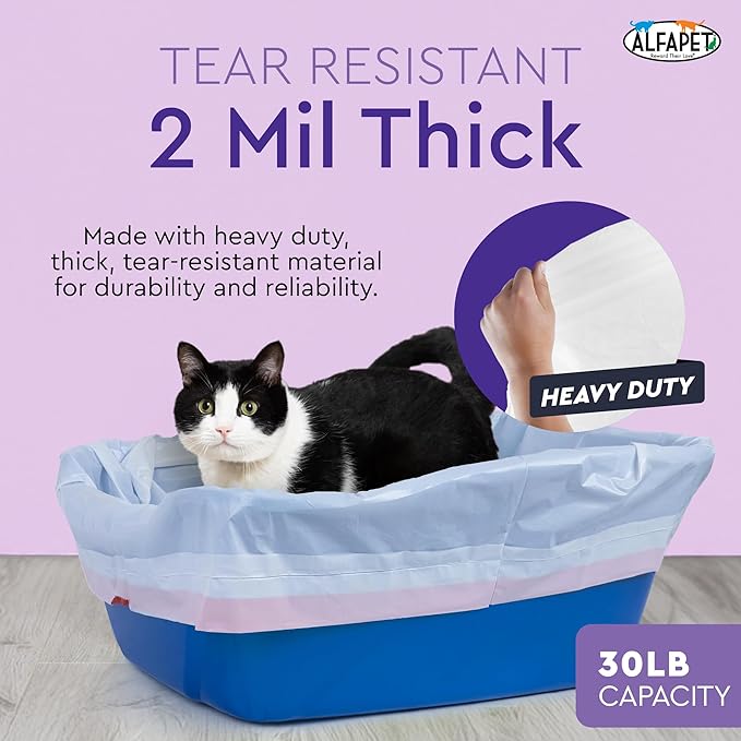 Alfapet Heavy Duty Flat Bottom Cat Litter Box Liners - Extra Giant 15 Count - Tear-Resistant Cat Litter Bags - Kitty Litter Liners for Rectangular Litterbox Pans, 36” x 18” x 2MIL Thick 30 lb Capacity-PurrikoPets