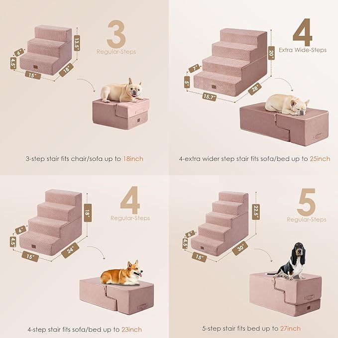 EHEYCIGA Dog Stairs for Bed 20" H, 4-Step Extra Wide Dog Steps for High Bed, Pet Steps for Small Dogs and Cats, Non-Slip Balanced Pet Ramp Indoor, Pink-PurrikoPets