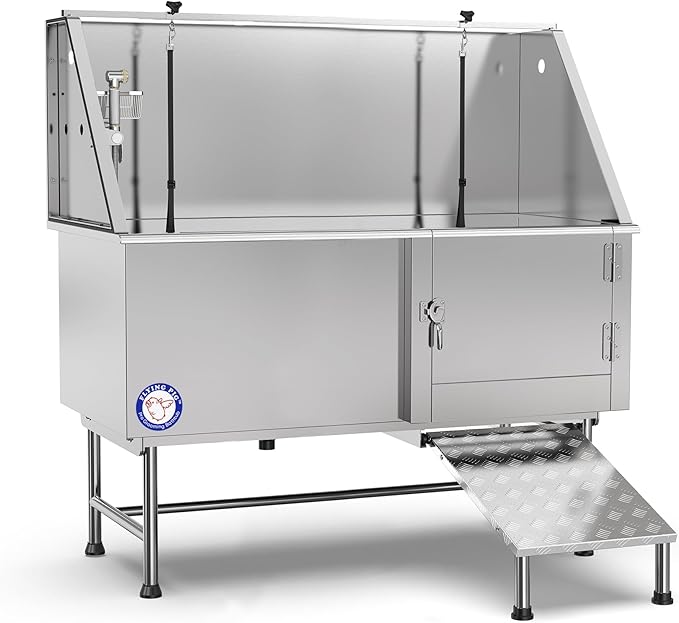 Flying Pig Grooming 62" Stainless Steel Pet Dog Bath Tub with Faucet (Right door/Left Drain), 62 x 27 x 58"-PurrikoPets