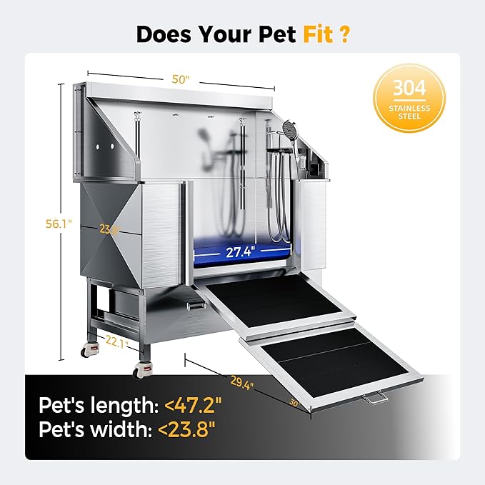 50" Dog Washing Station - 304 Stainless Steel, 27.4" Wide Ramp, Water-Storing Dog Bathing Station w/Swivel Wheels, Pet Proof Faucet, 2 Drawers, Dog Bathtub for Medium & Small Dogs-PurrikoPets