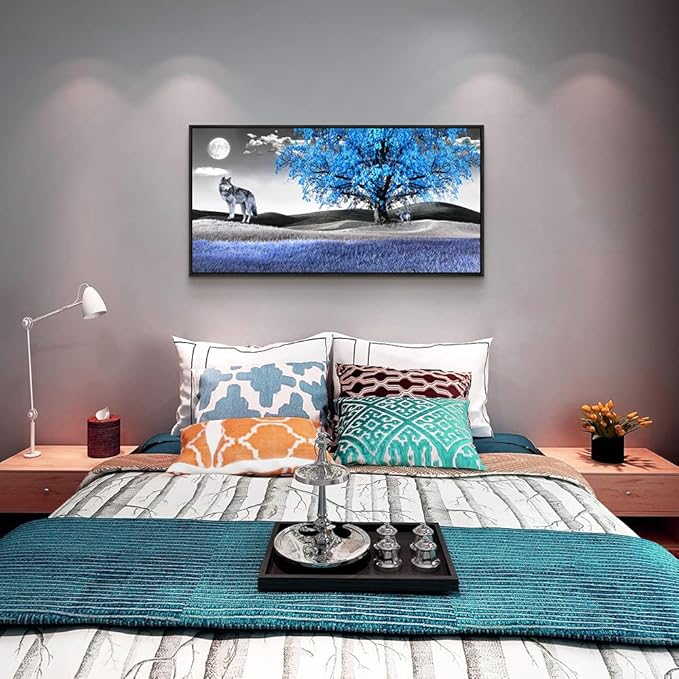 Framed Canvas Wall Art For Living Room Family Wall Decorations For Bedroom Modern Office Wall Decor Paintings Blue Tree Landscape Pictures Artwork Canvas Art Prints Home Decor Black Frame 20" X 40"-PurrikoPets