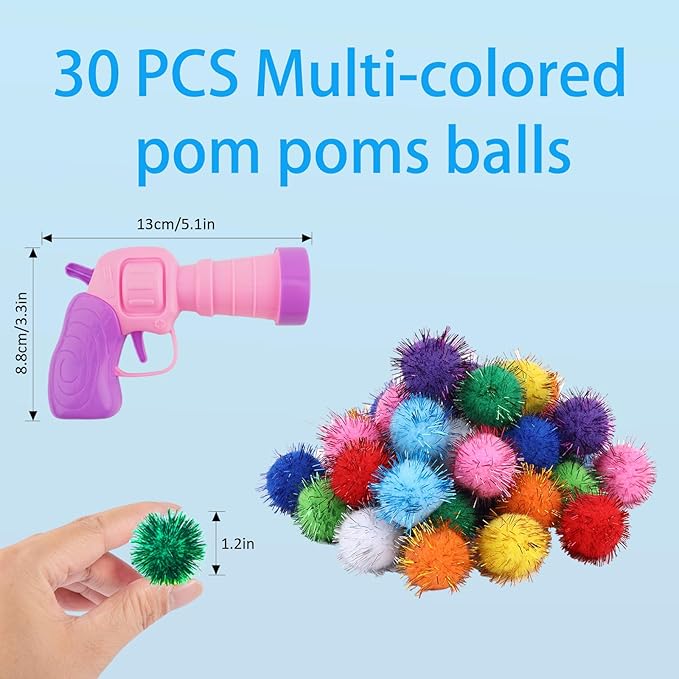 Dorhui Cat Toy Balls with Launchers Set, 30 Pcs Sparkle Pom Ball for Cat,Cat Enrichment Toys,cat Toys for Indoor Cats, Interactive Glitter Pom Ball for Kitty Gifts-PurrikoPets