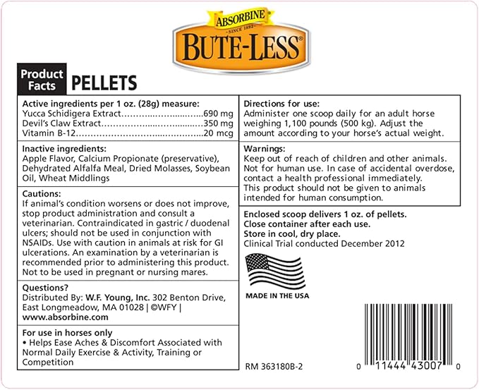 Absorbine Bute-Less Comfort & Recovery Support Supplement, Provides Long-Term Comfort, Gentle on Stomach, Includes Devil’s Claw, Vitamin B-12, Yucca, 10 lb / 160 Day Supply-PurrikoPets