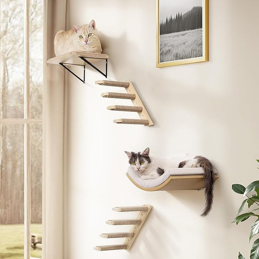 4-Piece Cats Wall Furniture with Cat Window Perch – Wood Wall Mounted Cat Shelves Set with Foam-Padded Curved Bed, Flat Perch & 4-Step Cats Stairs-PurrikoPets