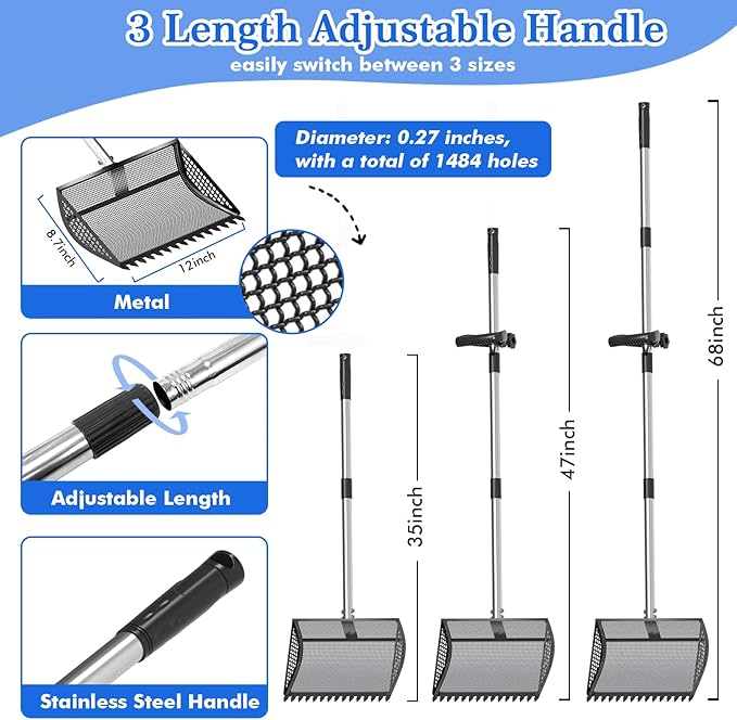 12 Inch Chicken Poop Scooper & Rake 2-in-1, Large Metal Shovel Head, Rubber Handle Stainless Steel Chicken Litter Scoop for Chicken Coops, Litter Screening Scoop (35 to 65in) US Patent Pending (Black)-PurrikoPets