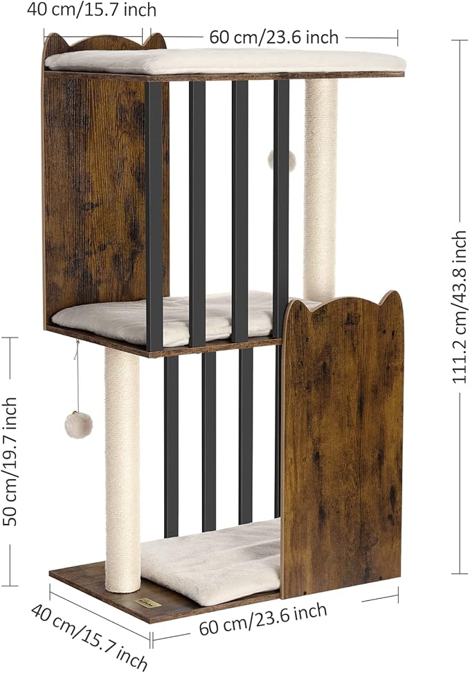 FourFurPets 43.8in 3-Tier Modern Cat Tree Tower Condo, Cat Scratch Posts for Indoor Cats, Big Plate, Two 19.7in Full Sisal Scratching Posts, Rustic Brown-PurrikoPets