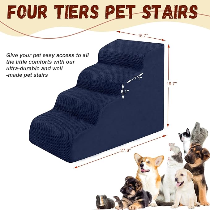 Dog Stairs for Small Dogs - High Density Foam Pet Steps, Extra Wide Dog Ramp with Non-Slip Bottom for High Beds, Couch and Sofa, Best for Dogs Injured, Older Doggy Cats, 4 Steps, Navy-PurrikoPets