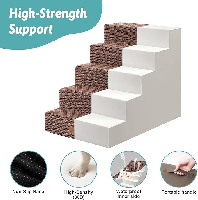 Dog Stairs for Small Dogs, 5 Tier Wider Pet Stairs for High Beds, 23.6" H Non-Slip Dog Steps for Old Cats, Puppies, Small Medium Dogs, 29.5x19.7x23.6 inch, Brown-PurrikoPets