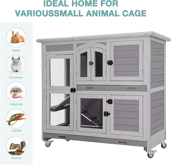 2-Tier Indoor Rabbit Hutch Bunny House Guinea Pig Cage with Sliding Plastic Trays, Wheels & Ramp, 47.2" Multi-Door Wooden Small Animal Cage for Rabbits, Bunnies, and Guinea Pigs (Grey)-PurrikoPets