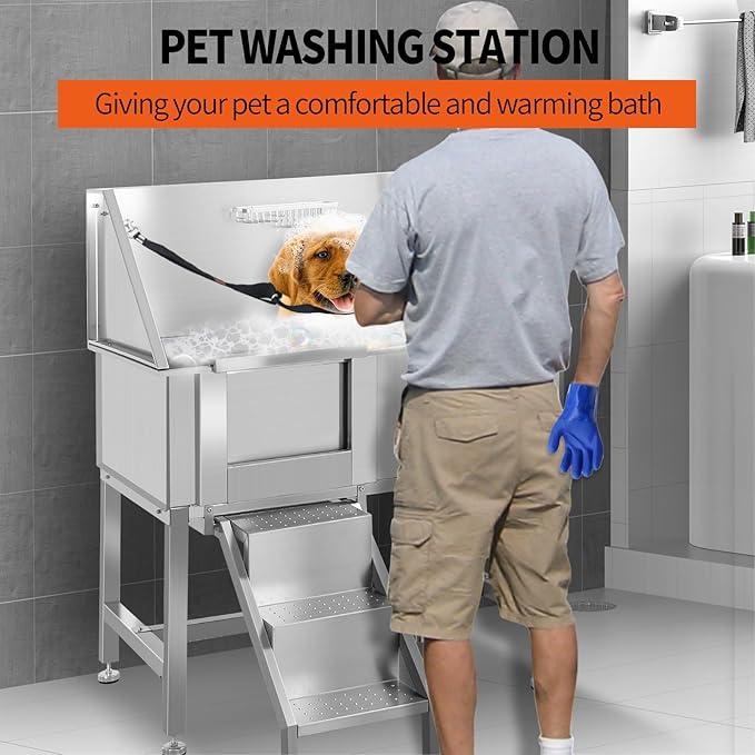 38 Inch Dog Bathing Station for Large Dogs, Stainless Steel Dog Pet Washing Station, Professional Dog Grooming Tub, Pet Wash Bath Station,Left Door-PurrikoPets