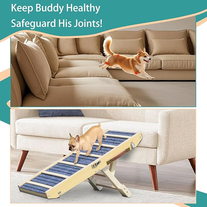 Dog Ramp for Bed, Upgraded 33" Long Portable Dog Ramp for Couch, Wood Folding Pet Ramp for All Breeds Small Old Dogs to Get on Bed, 4 Adjustable Heights 12.9" to 17.7"(Wood, Up to 50lbs)-PurrikoPets