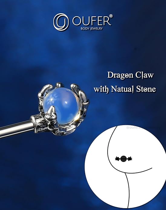 OUFER 14G Nipple Rings - 316L Surgical Steel Piercing Jewelry, 2PCS Pink Opals Surrounded by Dragon Claws Barbell
