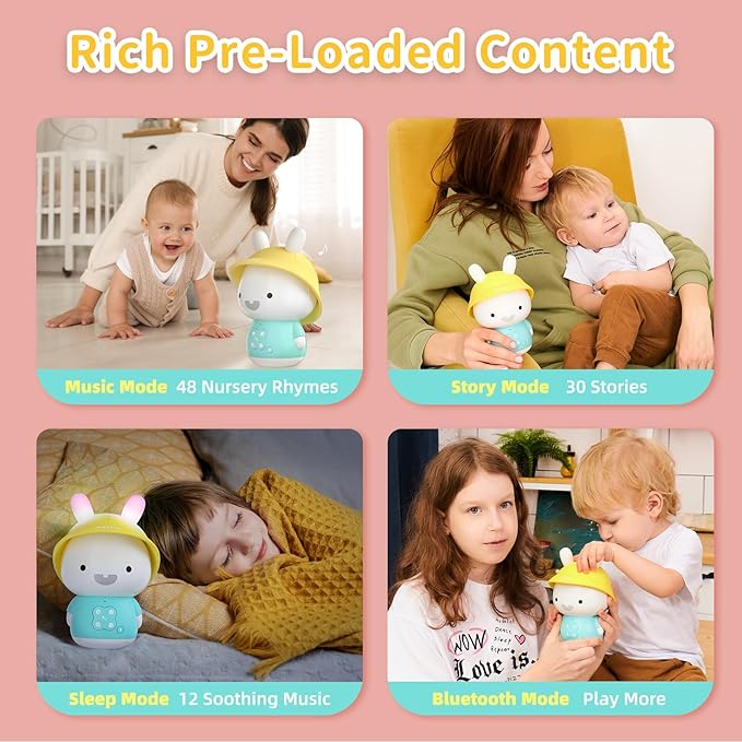 alilo Bunny Kids Music Player, Storytelling Toys for Toddler 1-3-5,Infant Baby Boy Girl Gifts Pre-Loaded 30 Stories/48 Nursery Rhymes/12 Soothing Music,with Nightlight,Bluetooth,Record Function-PurrikoPets