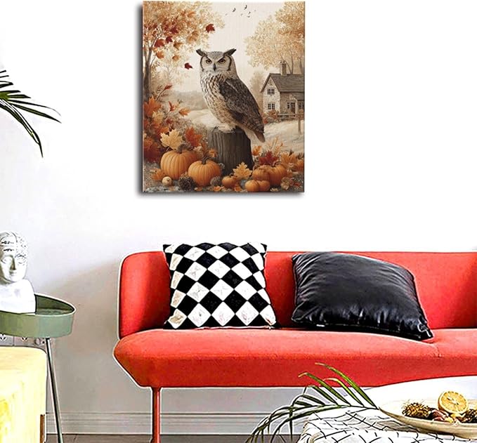 Fall Owl Wall Art Autumn Pumpkin Leaves Wall Decor Rustic Canvas Print Farmhouse Pictures Painting Print Framed Artwork Decorations Gifts for Living Room Bathroom Bedroom Office 20"x24"-PurrikoPets