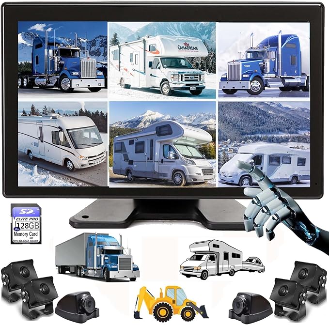 10.1" 1080P Backup Camera Monitor & Built-in DVR for RV Truck Trailer Rear Side Front Reversing View Wired System FHD Image 4 Split Large Screen 64GB Recorder IP69 Waterproof Avoid Blind Spot Kit-PurrikoPets
