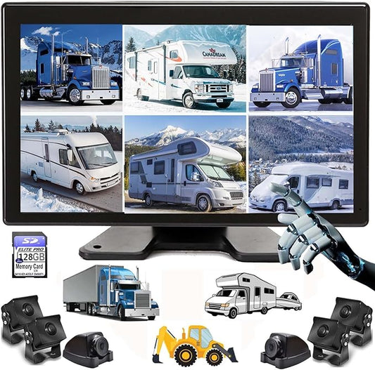 10.1" 1080P Backup Camera Monitor & Built-in DVR for RV Truck Trailer Rear Side Front Reversing View Wired System FHD Image 4 Split Large Screen 64GB Recorder IP69 Waterproof Avoid Blind Spot Kit-PurrikoPets