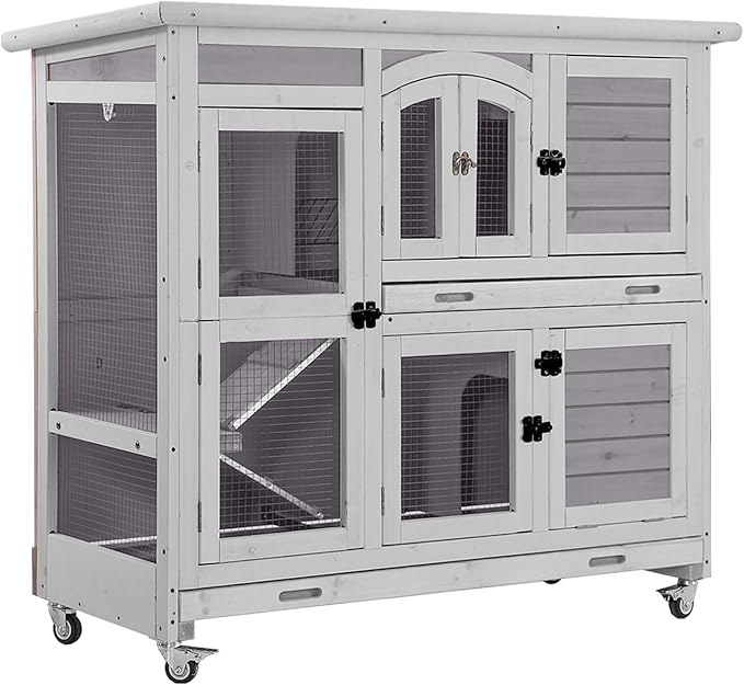 Aivituvin Rabbit Hutch Indoor, Bunny Cage with Wheels, 2-Story Design, 2 Deep Trays, Anti Slip Ramp, Ideal for Small Animals - Grey-PurrikoPets