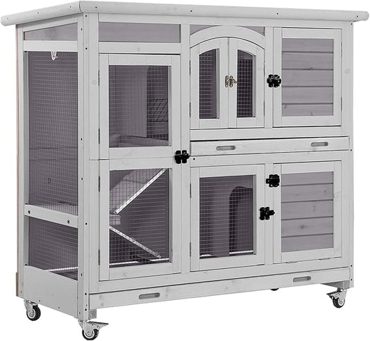 Aivituvin Rabbit Hutch Indoor, Bunny Cage with Wheels, 2-Story Design, 2 Deep Trays, Anti Slip Ramp, Ideal for Small Animals - Grey-PurrikoPets