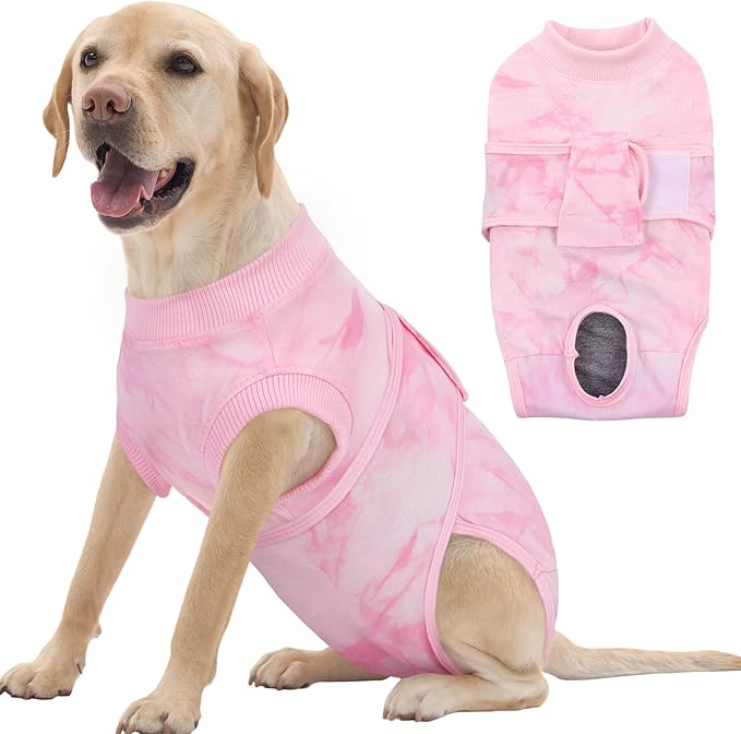 FUAMEY Recovery Suit for Dogs After Surgery,Soft Breathable Dog Bodysuit E-Collar & Cone Alternative Surgical Suit,Male Female Dog Neuter Spay Suits Anti Licking Wounds Onesie Pink Tie Dye XL-PurrikoPets