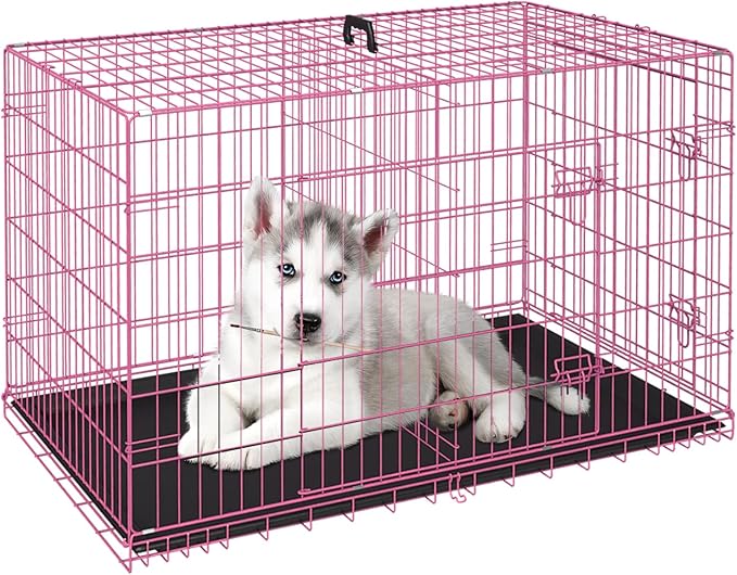 FDW Dog Crate for Small Dogs 24 Inch Folding Metal WirePet Cage Double Door W/Divider Panel Indoor Outdoor Kennel Leak-Proof Plastic Tray,Pink-PurrikoPets