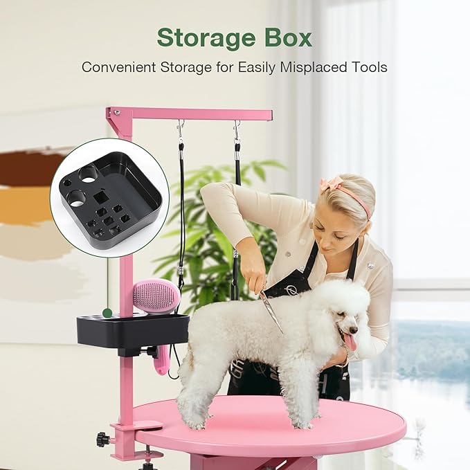 Electric Hydraulic Lift Pet Dog Grooming Table, 24Inch Grooming Desktop for Small Dogs, with Overhead Arm, Wireless Remote, Tool Organizer, Pink-PurrikoPets