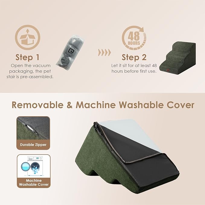 EHEYCIGA Curved Dog Stairs Ramp for Small Dogs 15.7" H, 3-Step Dog Steps for Couch Sofa and Chair, Pet Stairs for Cats, Non-Slip Balanced Pet Steps Indoor, Olive Green-PurrikoPets