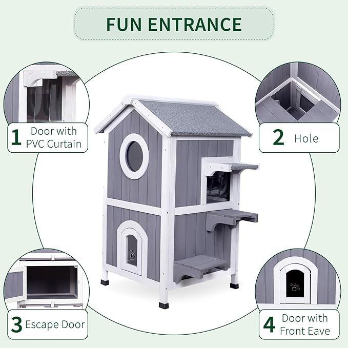 GEGURI Outdoor Cat House Weatherproof, Wooden Two-Story Feral Cat Shelter with Openable Roof, Escape Door, Balcony-PurrikoPets
