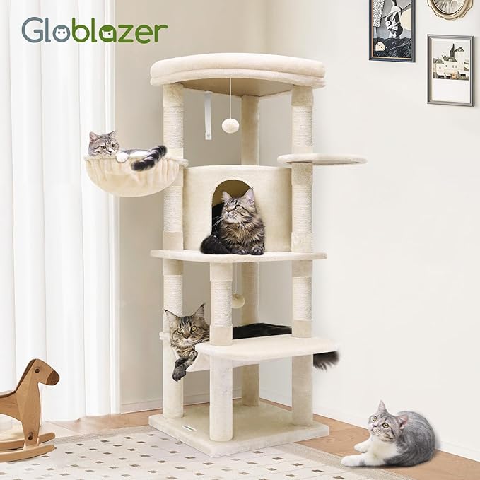 Globlazer Corner Cat Tree, 51in Curved Series Modern Cat Tower for Indoor Cats with Hammock, 7 Sisal Scratching Posts, Large Fan-Shaped Platform for Large Cats, Cat Condo & Hanging Basket, C51, Beige-PurrikoPets