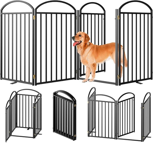 4 Panles Full Matel Freestanding Dog Gates with Door, 96"Extra Wide 36"Tall Free Standing Dog Pet Gate for Indoor & Outdoor. Foldable Pet Fences for Doorways, House, Stairs, Porch, Deck, Yard-PurrikoPets