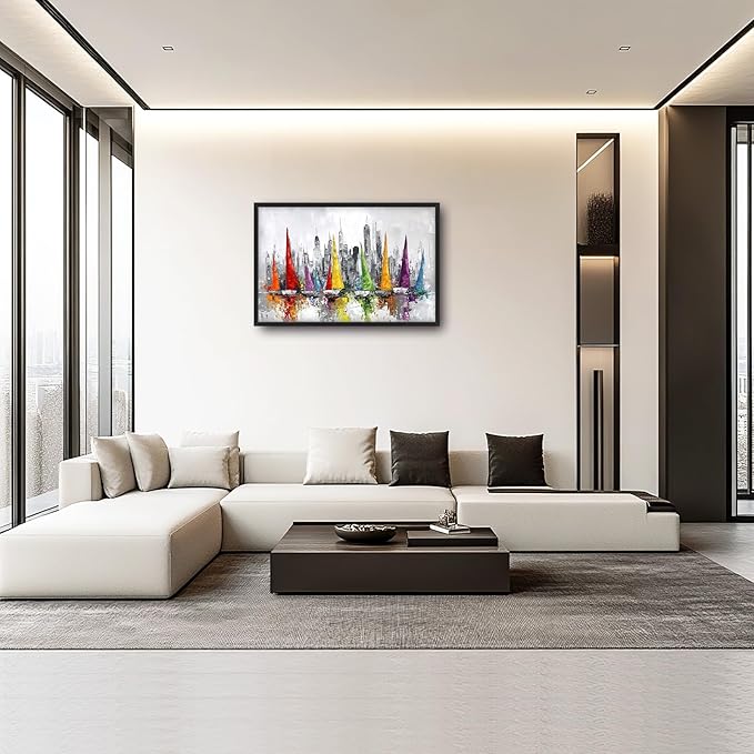 Framed Large Sailboat Wall Art for Living Room, Oversized Abstract City Wall Decor Colorful Sailboat Canvas Painting Pictures Modern Artwork for Living Room Bedroom Office Dinging Room 36"x24"-PurrikoPets