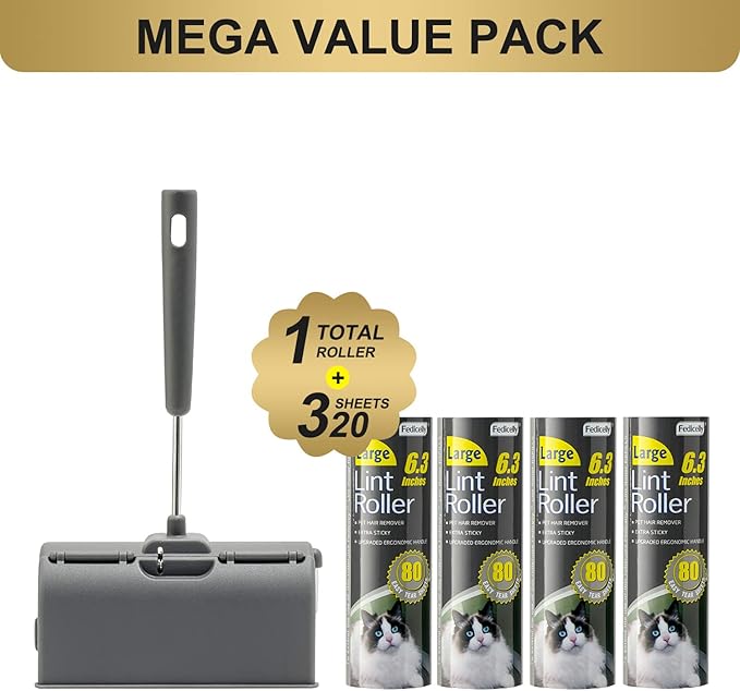 Fedicelly Lint Rollers Pet Hair Extra Sticky Furniture,Cat Dog Hair Remover Laundry Clothes Carpet, 6.3 inches Wider with 320 Sheets Large Lint Remover Brush for Couch-PurrikoPets