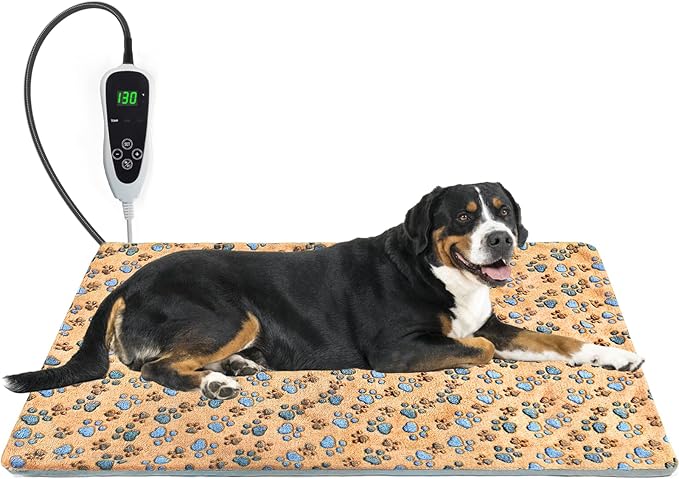 Dog Heating Pad，47×30 in Waterproof PVC Large Heating Pad for Dogs，Smart Thermostat Heated Dog House，Reinforced Interface + Wire Rope Whelping Box for Dogs,Plush Fabric Cover-Apricot-PurrikoPets