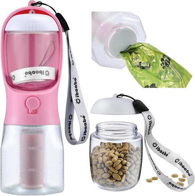Dog Water Bottle with Food Container & Poop Bag Holder, Travel Water Bowl, Portable Pet Dispenser, Girl Dog Accessories Stuff Items Essentials Gift for Yorkie Chihuahua Walking Hiking-PurrikoPets