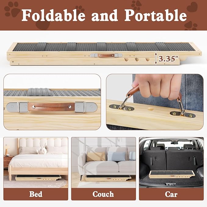 Dog Ramp for High Bed, Couch, Car, Pet Ramps 55.12" Long Adjustable 19.7"-27.6" Wooden Dog Step with High Traction Mat & Safety Side Rails for Small Medium Large Older Pets, up to 250 lbs-PurrikoPets