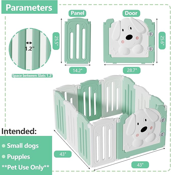 Foldable Dog Play Pen Indoors, Non-Slip Sturdy Puppy Playpen with Door, 25.5" H 10-Panel Adjustable Shape Dog Fence Pen for Small/Medium Dogs, Thickened, Easy to Store, White+Green-PurrikoPets