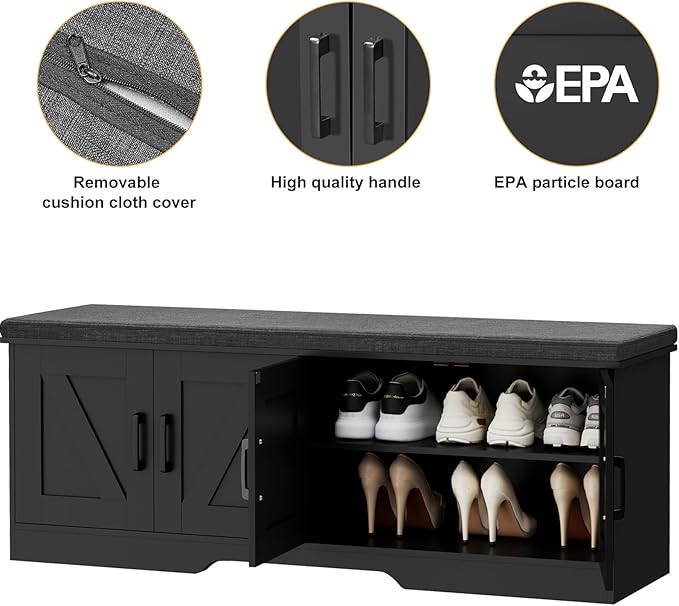 2-Tier Storage Bench, Shoe Bench with Padded Seat Cushion, Entryway Bench with 4 Barn Doors, Adjustable Shelf, 13.8" D x 47.2" W x 17.7" H, for Entryway, Living Room, Bedroom, Black-PurrikoPets